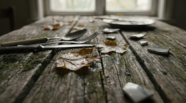 Weathered wooden table with autumn leaves and broken ceramic