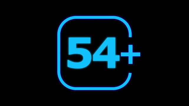 Bright cyan neon glowing number fifty four plus inside a rounded square frame isolated on a solid black background for digital age rating