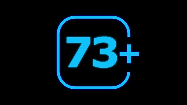 Glowing neon blue number seventy three with a plus sign inside a rounded square frame isolated on a solid black background for digital interface use