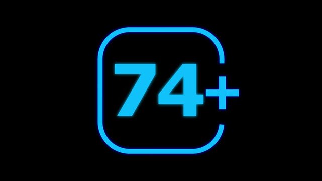 Glowing neon blue number seventy four with a plus sign inside a rounded square frame isolated on a solid black background for digital interface use