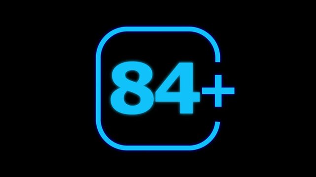 Bright neon blue number eighty four with a plus sign inside a rounded square frame isolated on a deep black background for digital interface