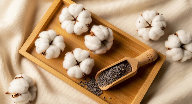 Plump white cotton bolls and dried lavender seeds arranged on a wooden tray and textured fabric, symbolizing natural softness and aromatherapy, perfect for wellness concepts