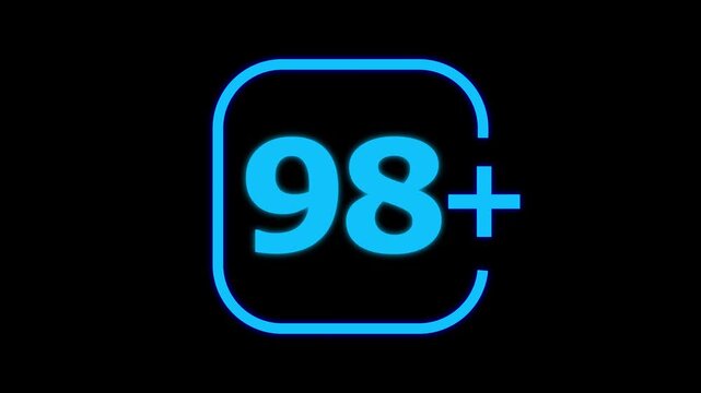 Bright cyan neon glowing number ninety eight with a plus sign inside a rounded square frame isolated on a deep black background for digital interface