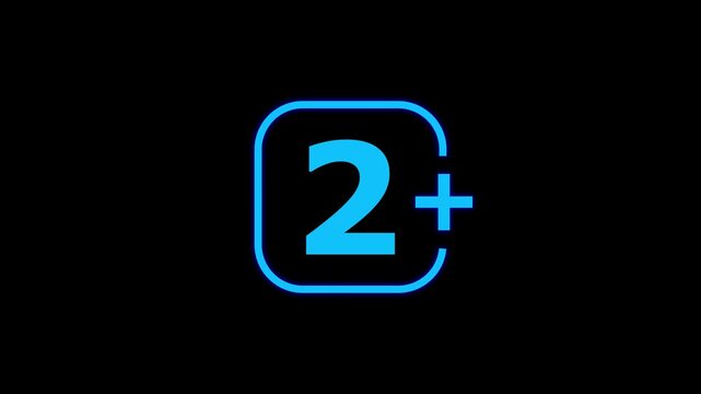 Bright blue neon style number two enclosed in a rounded square frame with a plus sign indicating age restriction or minimum quantity requirement