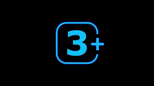 Bright blue neon style number three enclosed in a rounded square frame with a plus sign indicating age restriction or minimum quantity requirement