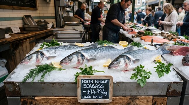  Bustling seafood market display featuring whole fresh fish arranged on crushed ice with herbs and handwritten price signs, capturing the energy, freshness and culinary tradition of a lively urban fis