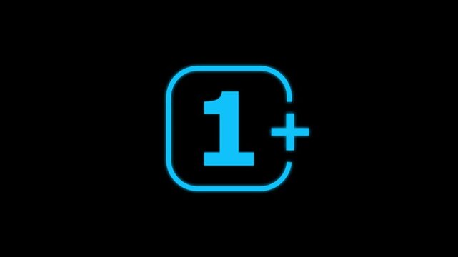 Bright blue neon style number one enclosed in a rounded square frame with a plus sign indicating age restriction or minimum quantity requirement