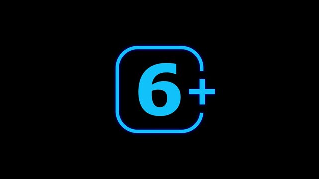 Bright blue number six with a plus sign inside a rounded square frame on a solid black background for age rating and restriction labels