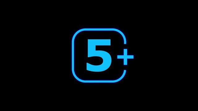 Bright blue neon style number five enclosed in a rounded square frame with a plus sign indicating age restriction or minimum quantity requirement