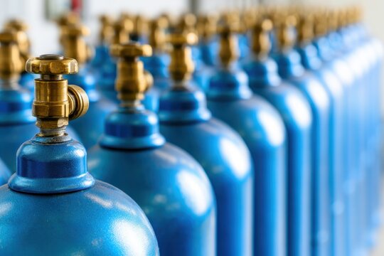 Blue oxygen tanks. Bundle of gas cylinder and high pressure gauges, meter, valve. Many argon cylinders with compressed gas for industry, welding. Fuel manufacturing. Liquefied gas production, factory