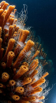 Close-up of textured orange sea sponges with delicate white anemones, showcasing underwater life and marine biodiversity, representing ocean ecosystems