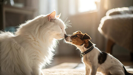 Naklejka na ściany i meble White cat and small dog touching noses. Cute pets interacting in a sunlit home interior.
