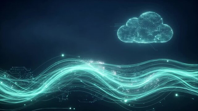 Glowing turquoise data waves flow beneath a dotted cloud icon in a dark blue digital background, symbolizing secure connectivity
