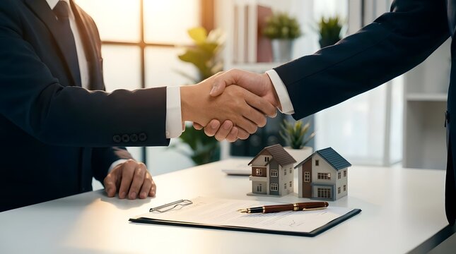 Business handshake over real estate contract and house models