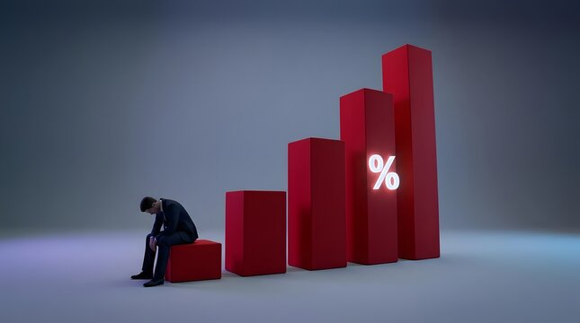 Businessman sitting near rising red bar graph with percent symbol