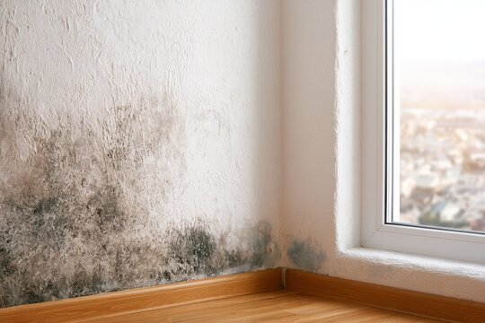 Black mould and fungus on wall near window. The problem of ventilation, dampness, cold in the apartment. Mold spots in the corner of white walls. Spores thrive on moisture quickly grow into colonies
