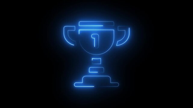 Glowing neon first place trophy animation, digital success and achievement concept, blue light symbol on black background
