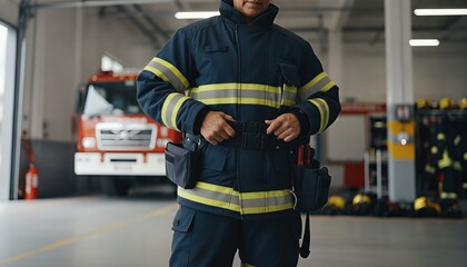 Fototapeta premium Middle aged female firefighter standing in a modern rescue bay while preparing her heavy duty protective gear for an upcoming emergency mission