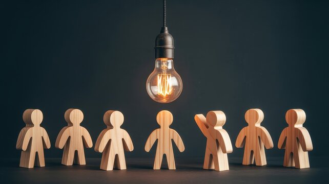 Glowing light bulb over wooden human figures, creative business idea concept, leadership and innovation in a team, unique talent discovery