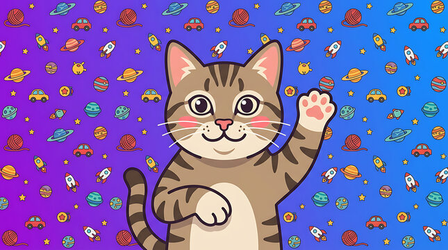 Cute Waving Tabby Cat Character with Space and Galaxy Pattern Background Vector Illustration