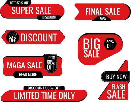 Red and black promotional sale banner tag collection, retail discount badges set with flash sale and limited time offer labels, vector EPS