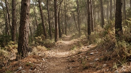 Fototapeta premium A narrow dirt hiking trail winds through a dense pine forest with soft sunlight filtering through the trees, representing nature travel and outdoor adventure in a Mediterranean landscape.