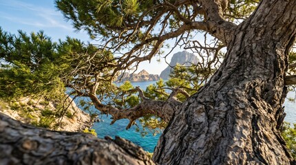 Fototapeta premium A Mediterranean pine tree frames the iconic Es Vedra rock island in Ibiza, Spain, representing summer travel and coastal nature in the Balearic Islands.