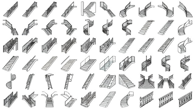 Isometric staircase vector set, modern architectural stairs with handrails, collection of 60 interior and exterior step designs for building floor plans