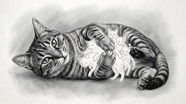 Realistic Pencil Sketch Drawing of a Lying Tabby Cat with Kittens Illustration