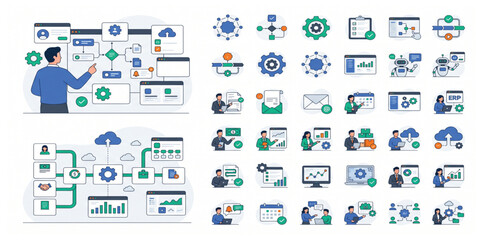Fototapeta premium Business Workflow Management Vector Illustration Set
