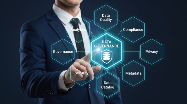 Businessman managing data governance and compliance structure on interactive digital display