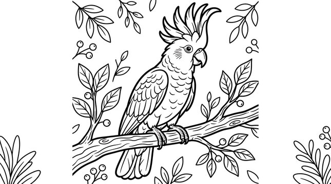 Cockatoo Bird Line Art Coloring Page Illustration for Adults and Kids in Forest Background