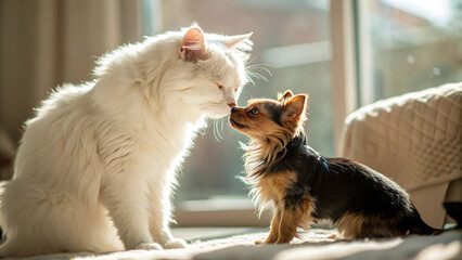 Plakat White cat and small puppy touching noses. Cute pets interacting in a sunny home interior.