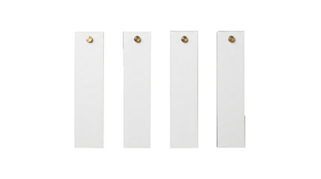 Minimalist white paper strips with gold pins, set of four vertical blank bookmarks, clean office stationery mockups on white background