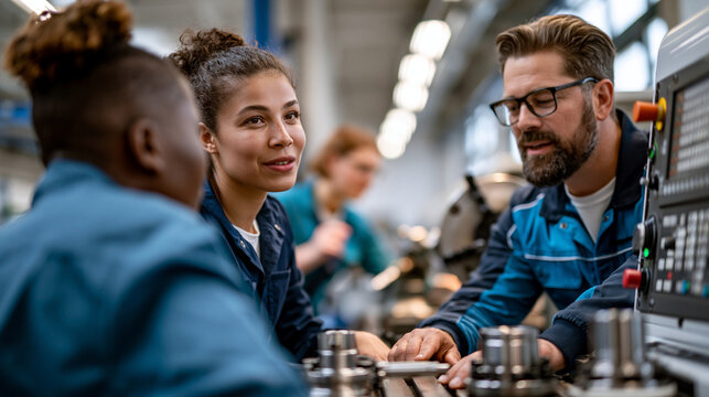 Young apprentices seen from behind learning on cnc lathe machine guided by experienced trainer in bright training workshop metal parts and control panel daylight hall