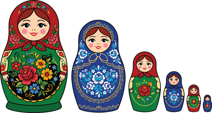 Traditional Russian Matryoshka Doll Collection with Colorful Floral Nesting Dolls, Folk Art, and Decorative Wooden Toy Vector Illustration