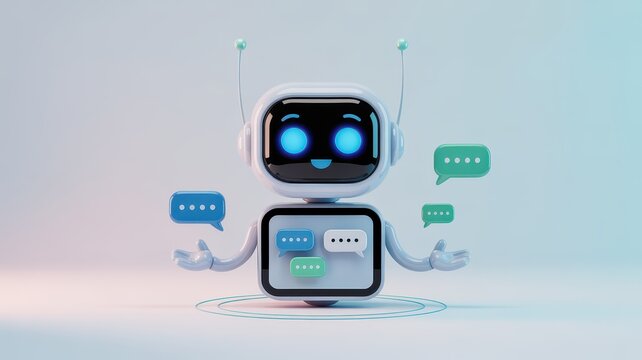 Futuristic AI chatbot robot with glowing blue eyes, friendly artificial intelligence assistant character, 3D digital bot with speech bubbles
