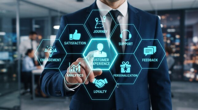Businessman interacting with digital customer experience concept hologram in futuristic office