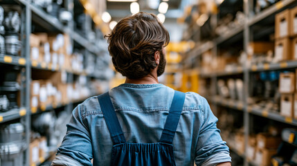 Fototapeta premium Friendly worker in work clothes seen from behind between tall shelves with car spare parts in bright warehouse of repair shop organized boxes and components daylight interior