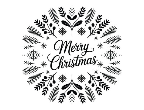 Decorative circular illustration featuring Merry Christmas text surrounded by festive winter foliage and snowflakes