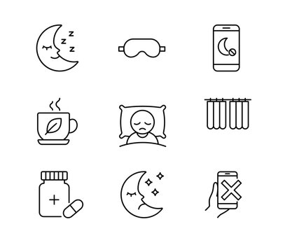 Sleep and Night Routine Line Icons Set, Outline Vector Symbols for Insomnia, Relaxation, Medication and Healthy Sleep