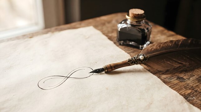 Quill pen writing an infinity symbol on vintage parchment paper with infinity