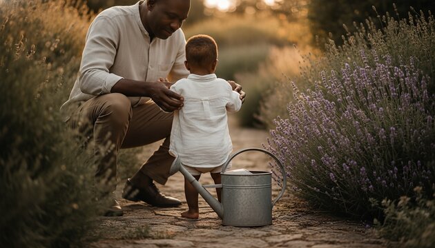 Middle aged man crouched on a sun drenched garden path, tenderly guiding a small child&rsquo;s hands near vibrant flower beds during golden hour