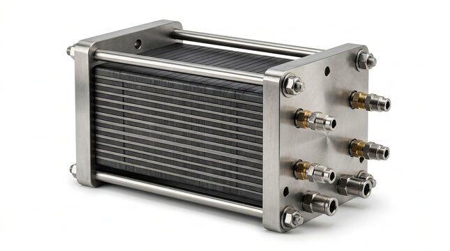 Advanced Hydrogen PEM Fuel Cell Stack Assembly Isolated on White Background for Clean Energy Power Generation Systems