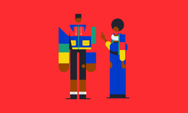Two Stylish Young People in Colorful 1990s Streetwear