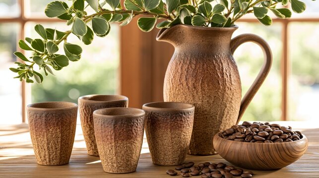 Ceramic cups and pitcher with coffee beans on a wooden table.