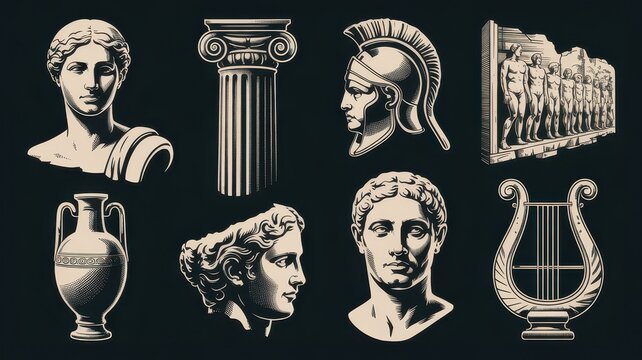 Ancient Greek sculpture collection, classical marble statues and architectural elements, vintage Roman mythology icons on black background
