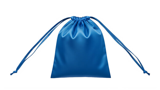 Blue fabric drawstring pouch with folded top isolated on transparent background