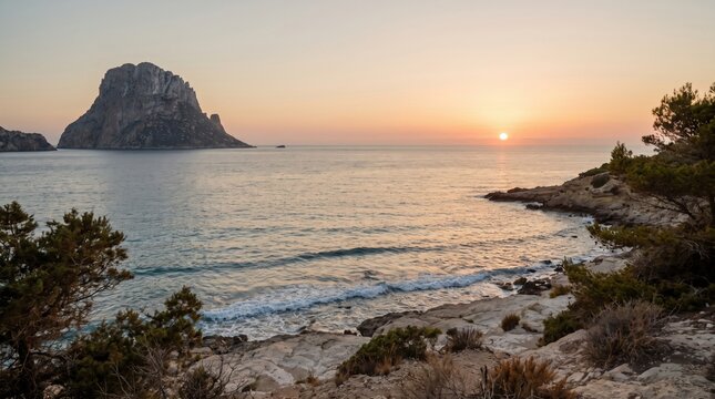 Scenic view of the Es Vedra rock formation at sunset from a rocky coastline in Ibiza, representing Mediterranean travel and summer vacation concepts.