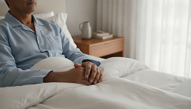 Middle aged man resting peacefully in a luxury bedroom with soft morning light, crisp white linens, and a calm, tranquil atmosphere for deep relaxation